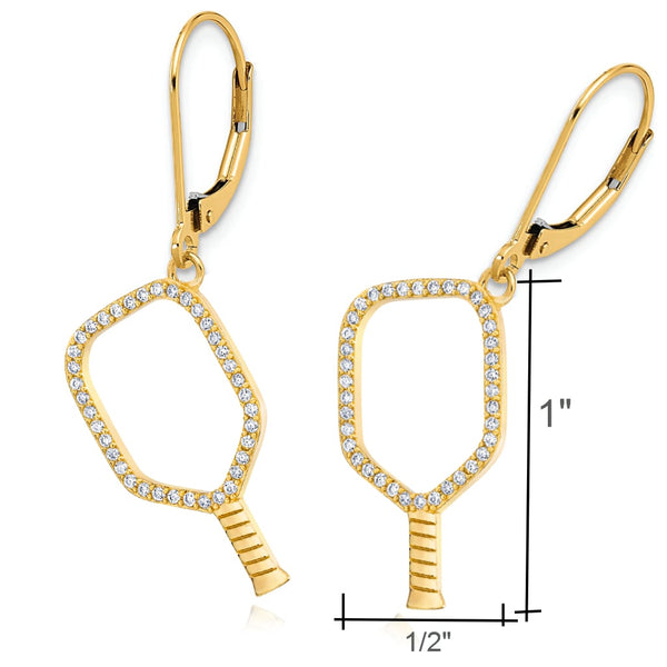 Pickleball Earrings | CZ Open Paddle in Gold Plate Leverbacks