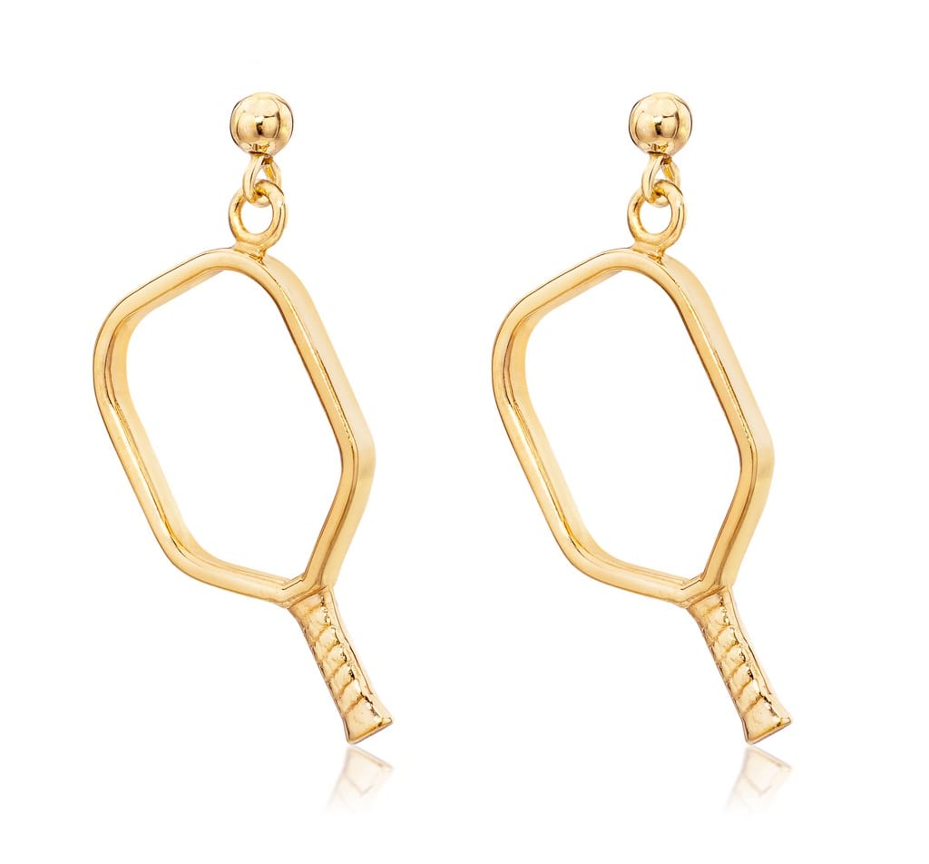 Pickleball Dangle Post Earrings | Open Paddle in Yellow Gold