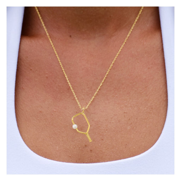 Pickleball Pendant | Open Paddle and Pearl in 14k Gold