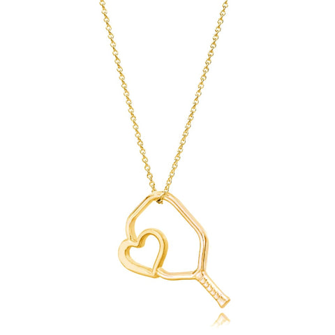Pickleball Necklace | Floating Heart Paddle in Yellow Gold