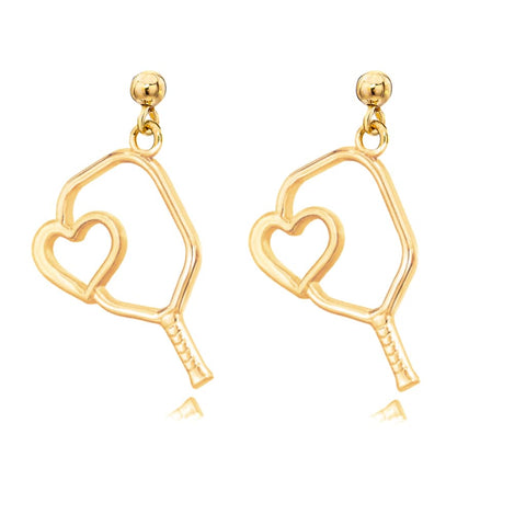 Pickleball Dangle Post Earrings | Heart Paddle in Yellow Gold