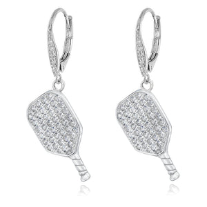 Pickleball Earrings | CZ Paddle Leverback in Sterling Silver