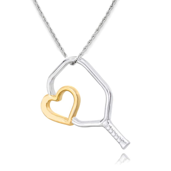 Pickleball Necklace | Floating Heart Paddle in Silver Two Tone