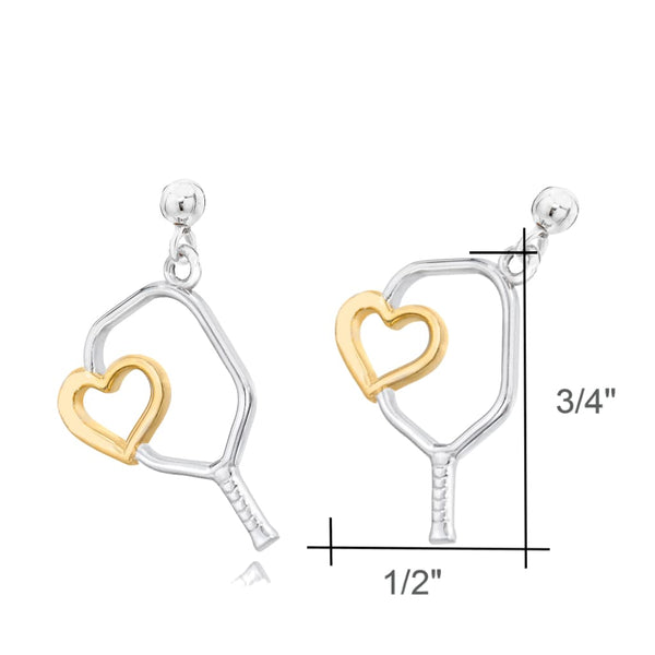 Pickleball Dangle Post Earrings | Heart Paddle in White Gold