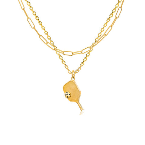 Layered Pickleball Necklace | Paddle & Ball in 14K Yellow Gold - Medium