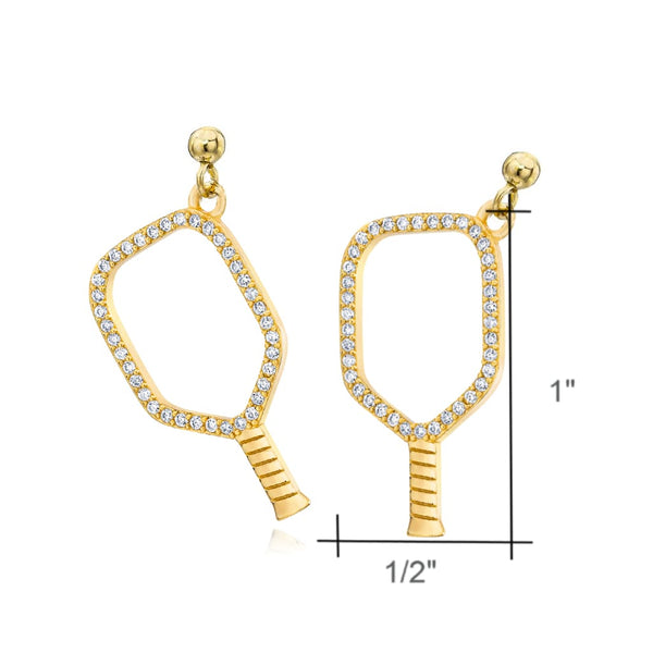 Pickleball Dangle Post Earrings | CZ Open Paddle in Gold Plate