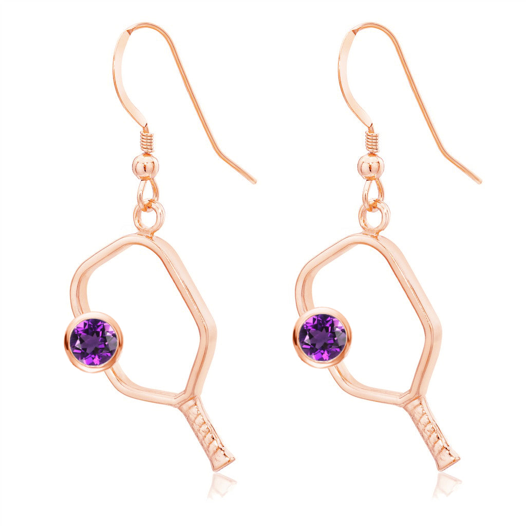 Pickleball Earrings with Amethyst Birthstone in Rose Gold Plate