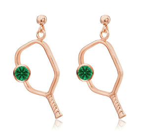 Pickleball Dangle Post Earrings with Emerald Birthstone in Rose Gold Plate