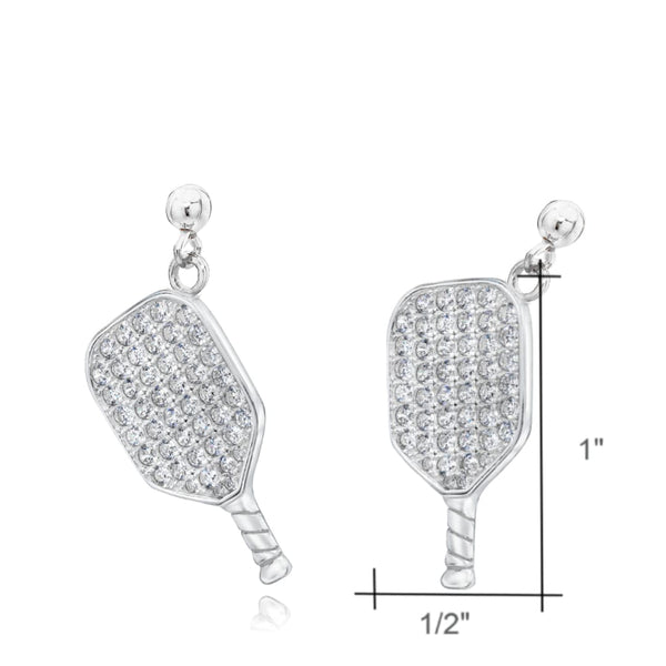 Pickleball Dangle Post Earrings | CZ Paddle in Sterling Silver