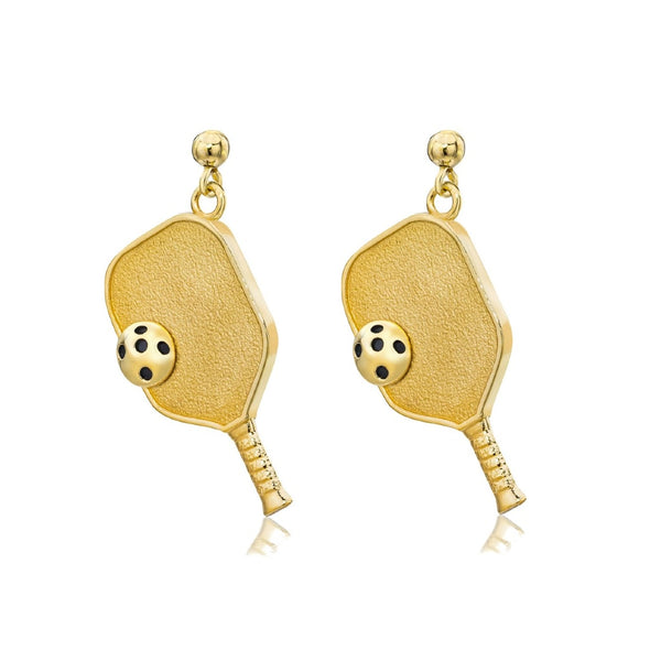 Pickleball Dangle Post Earrings | Paddle & Ball in Yellow Gold