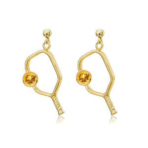 Pickleball Dangle Post Earrings with Birthstone in Yellow Gold