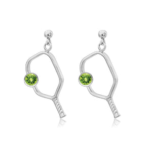 Pickleball Dangle Post Earrings with Birthstone in White Gold
