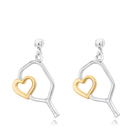 Pickleball Dangle Post Earrings | Heart Paddle in White Gold