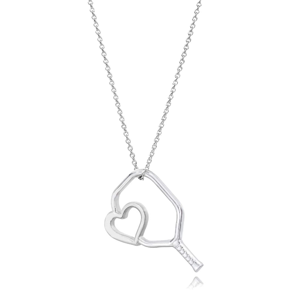 Pickleball Necklace | Floating Heart Paddle in White Gold